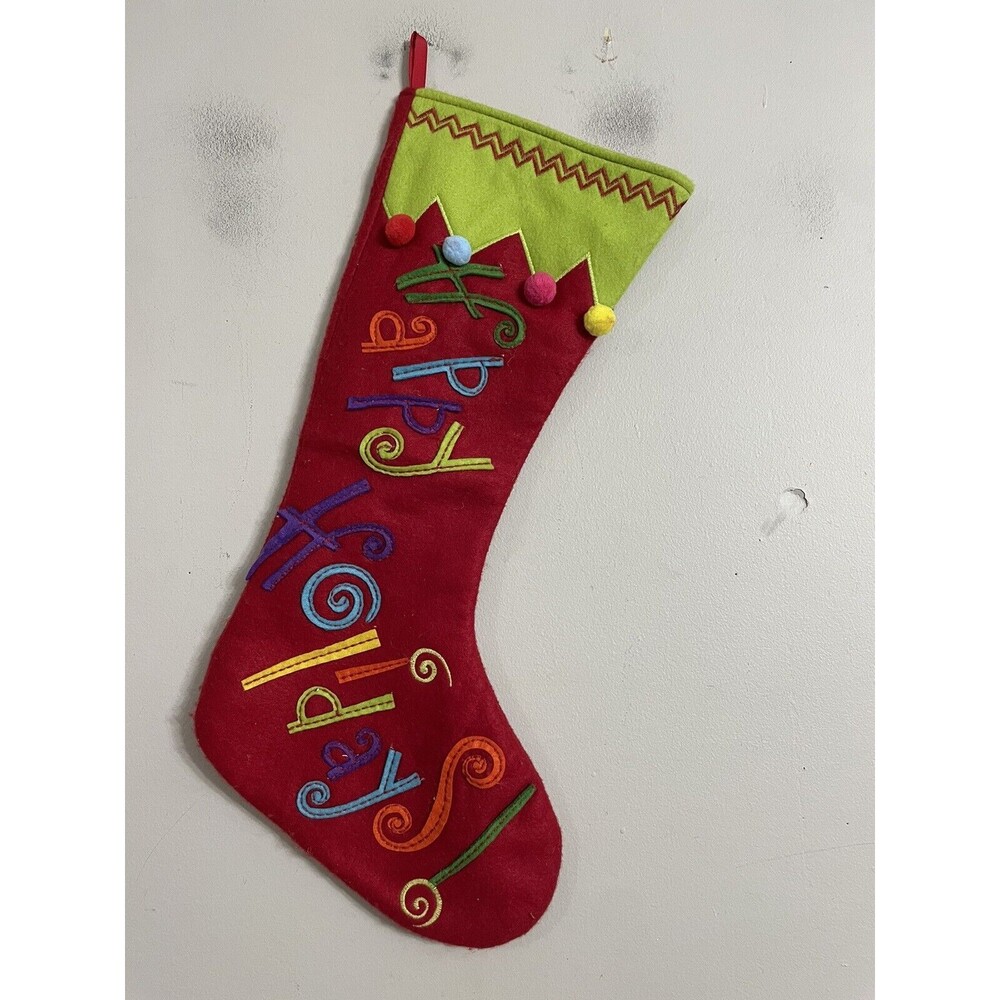 Maison Chic Happy Holidays Applique Christmas Stocking Red Green